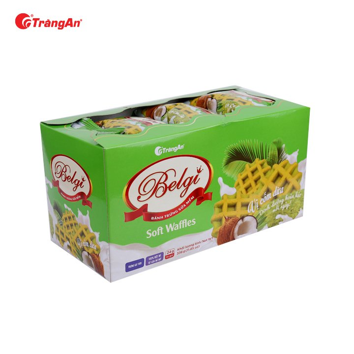 Thùng 12 hộp bánh Belgi trứng sữa mềm vị cốm dừa 322g, phù hợp với trẻ nhỏ, hạn sử dụng 12 tháng