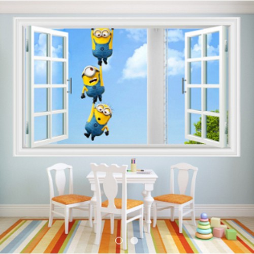 Decal trang trí tường khung cửa sổ 3 con Minion đu nhau