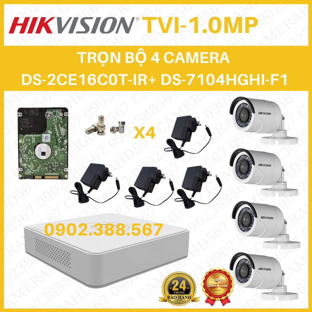 Trọn bộ 1 đầu ghi hình 4 kênh +4 camera 1M DS_2CE16C0T-IR + 1 ổ cứng 500GB+ 4 nguồn 12v1A DVE ,8 Rắc BNC