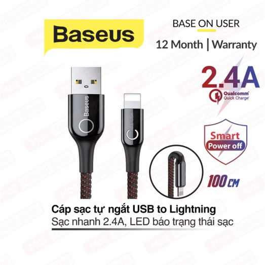 Cáp sạc tự ngắt Baseus chính hãng, dây sạc nhanh tự ngắt cho các thiết bị TÁO iP đảm bảo không chai Pin có đèn LED