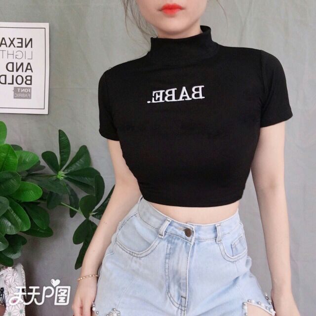 [ Rẻ vô địch ] Áo croptop cổ lọ thêu BABE [ Kho sỉ giá xưởng ]