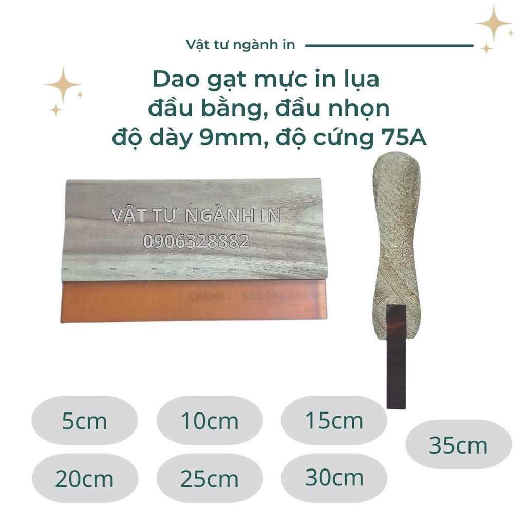 Dao gạt mực in lụa đầu bằng, đầu nhọn, độ dày 9mm, độ cứng 75A