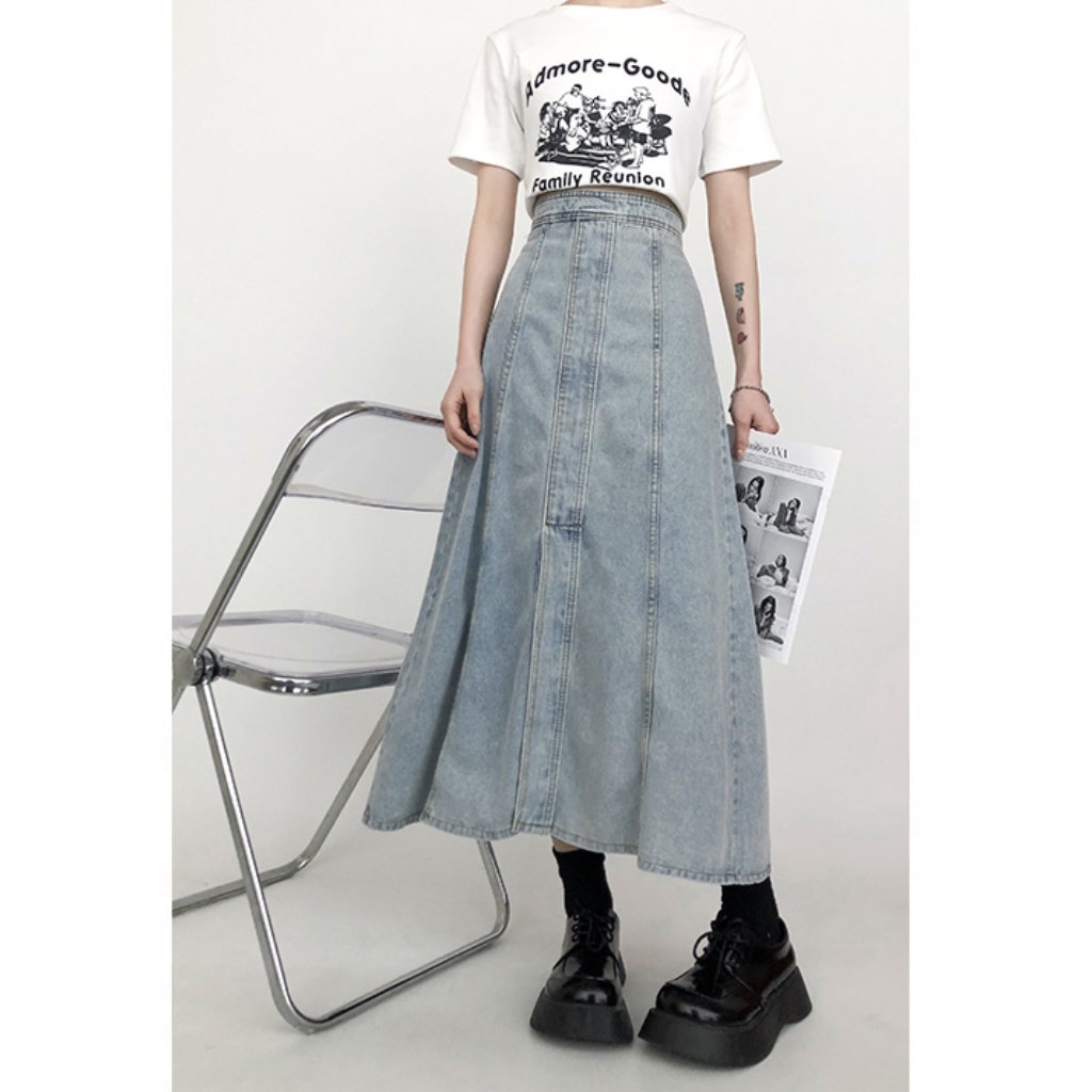 Chân váy jean dáng dài chữ A, chân váy bò xoè kéo khoá phía sau theo phong cách Hàn Quốc 2021 hàng ỏder Taobao