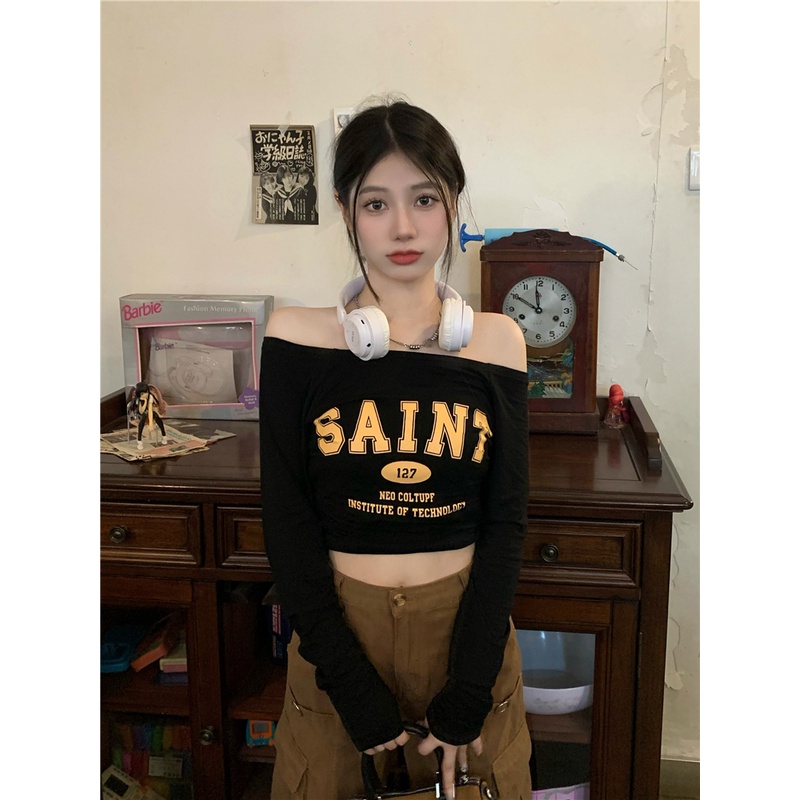 Cocory vn Áo Thun Tay Dài Trễ Vai Dáng Ôm Thời Trang Retro Mỹ Quyến Rũ Cho Nữ