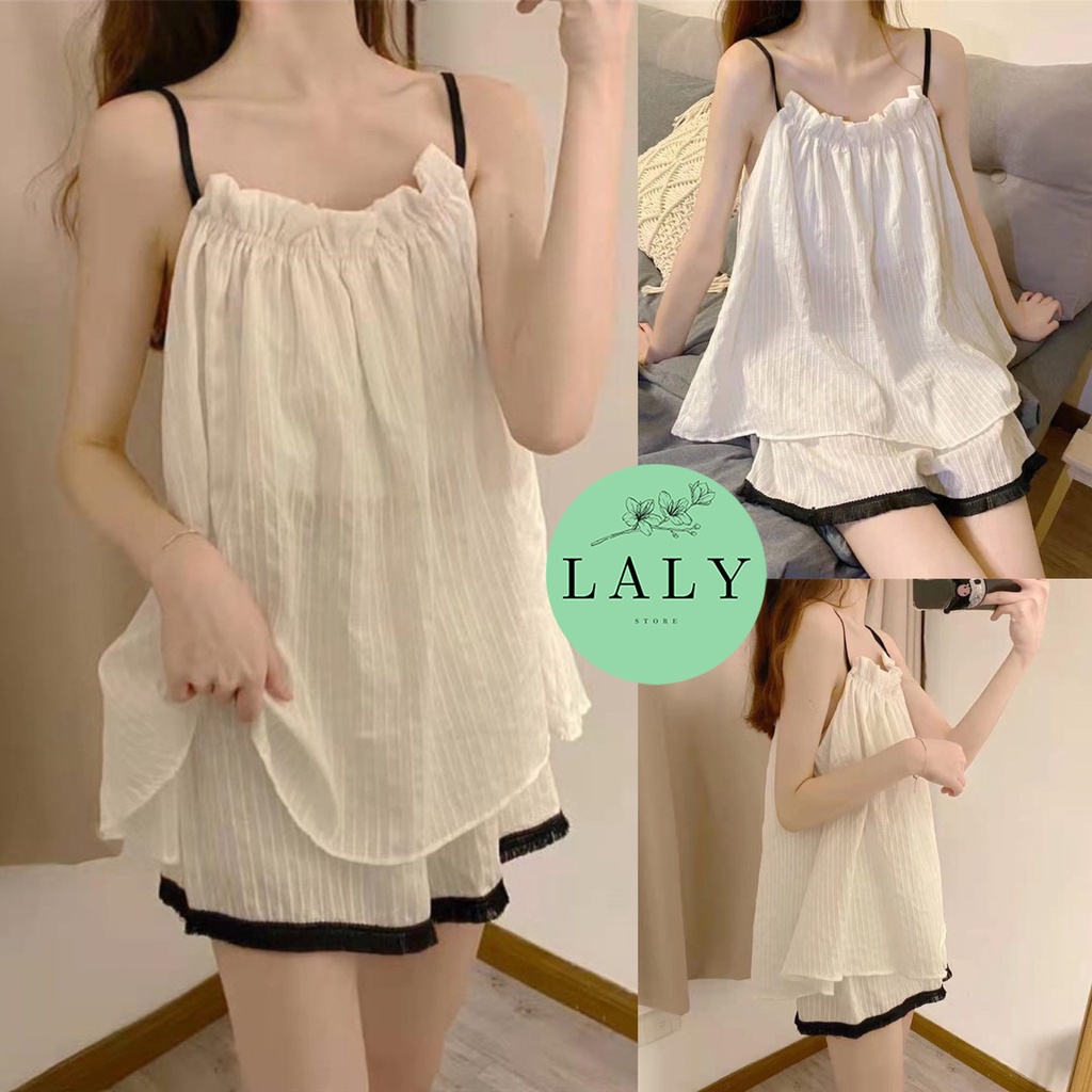 Đồ bộ nữ 2 dây , bộ ngủ pijama quần đùi chất đũi xước form rộng LALY BN02