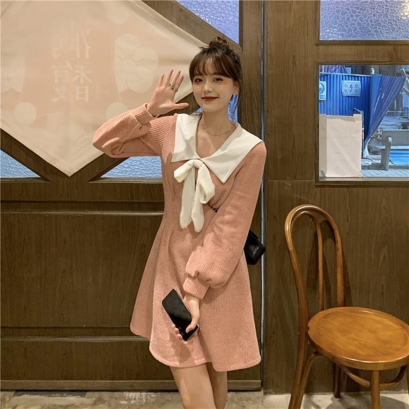 Đầm Nhung Tay Dài Thắt Nơ Eo Phong Cách Hàn Quốc Thời Trang Thu Đông Dành Cho Nữ