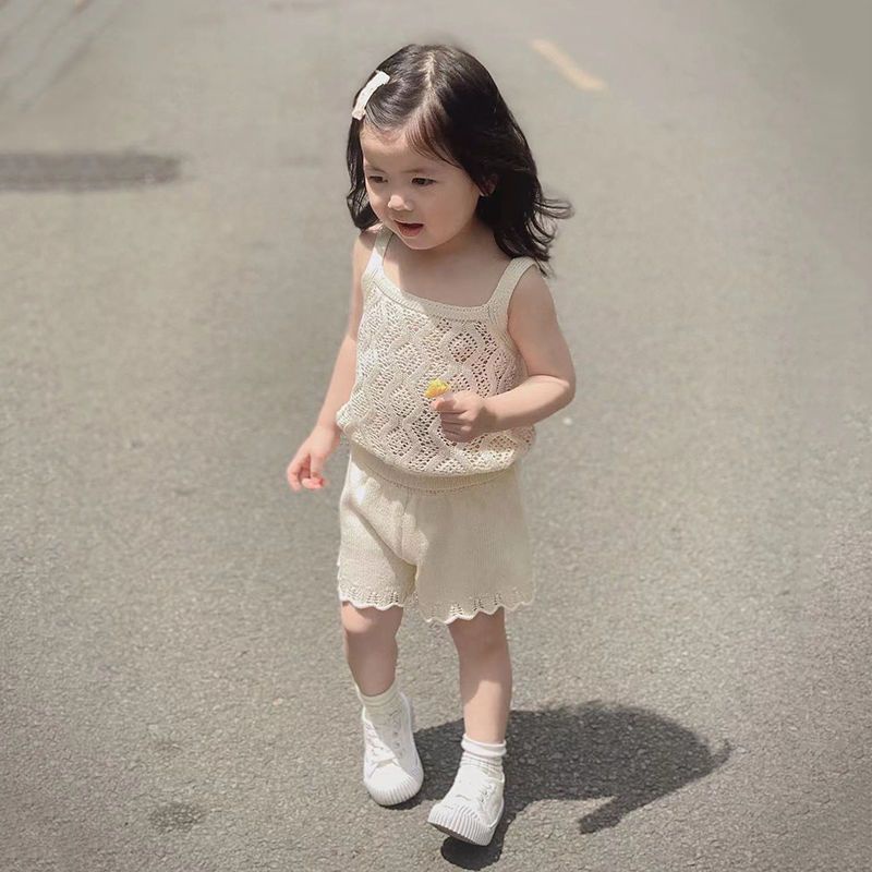 Set Đồ Mùa Hè 48 Giờ Gồm Áo Hai Dây + Quần Ngắn Dệt Kim Phong Cách Mori Hàn Quốc Cho Bé Gái