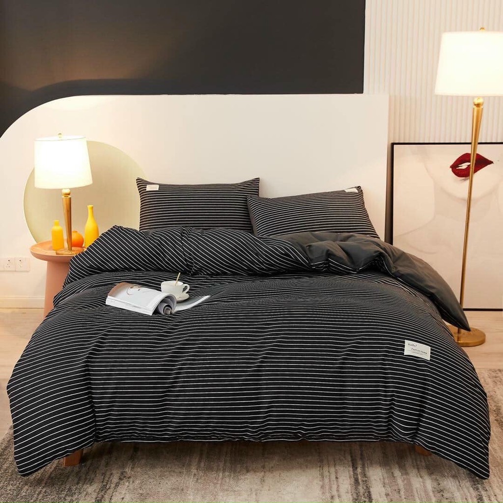 Trọn Bộ Drap giường Cotton Tici Chần Bông Sọc Trắng Đen Phối ((m2x2m - m8x2m))
