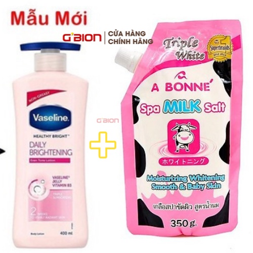 Combo Sữa dưỡng thể Vaseline Healthy Bright Daily Brightening 725ml và Muối tắm A Bonne spa Milk Salt 350GR, NPP GBION