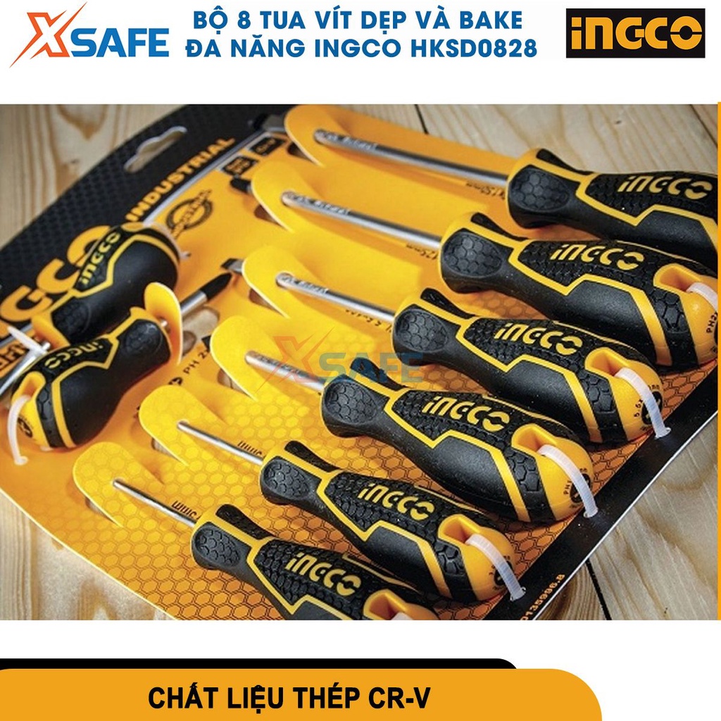 Bộ tua vít đa năng 8 chi tiết INGCO HKSD0828 thép Cr-V siêu cứng, chống rỉ, đầu vít có nam châm [chính hãng] [xsafe]