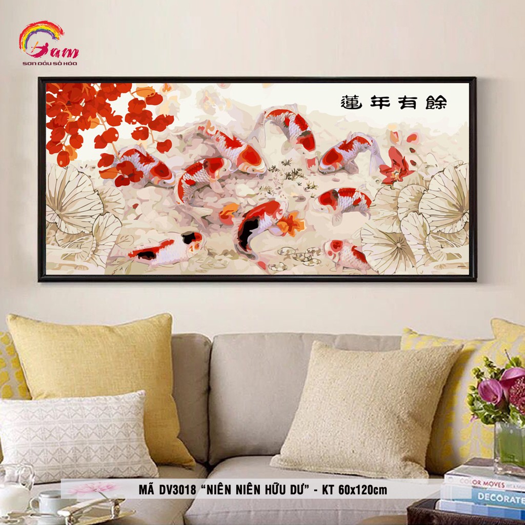 Tranh Sơn Dầu Số Hóa Tự Tô Màu Cửu Ngư Quần Tụ Khổ Lớn 60x120cm, 80x180cm Tranhsohoavn Mã DV3018