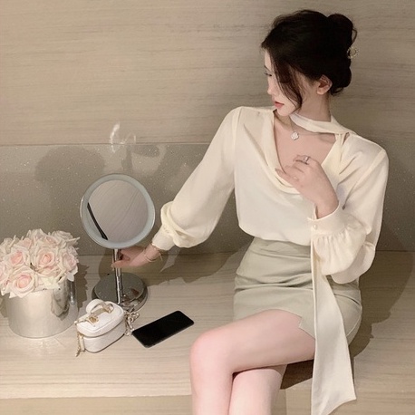 Set Áo Sơ Mi Trắng Dài Tay + Chân Váy Lưng Cao Phong Cách Hàn Quốc Thời Trang Cho Nữ