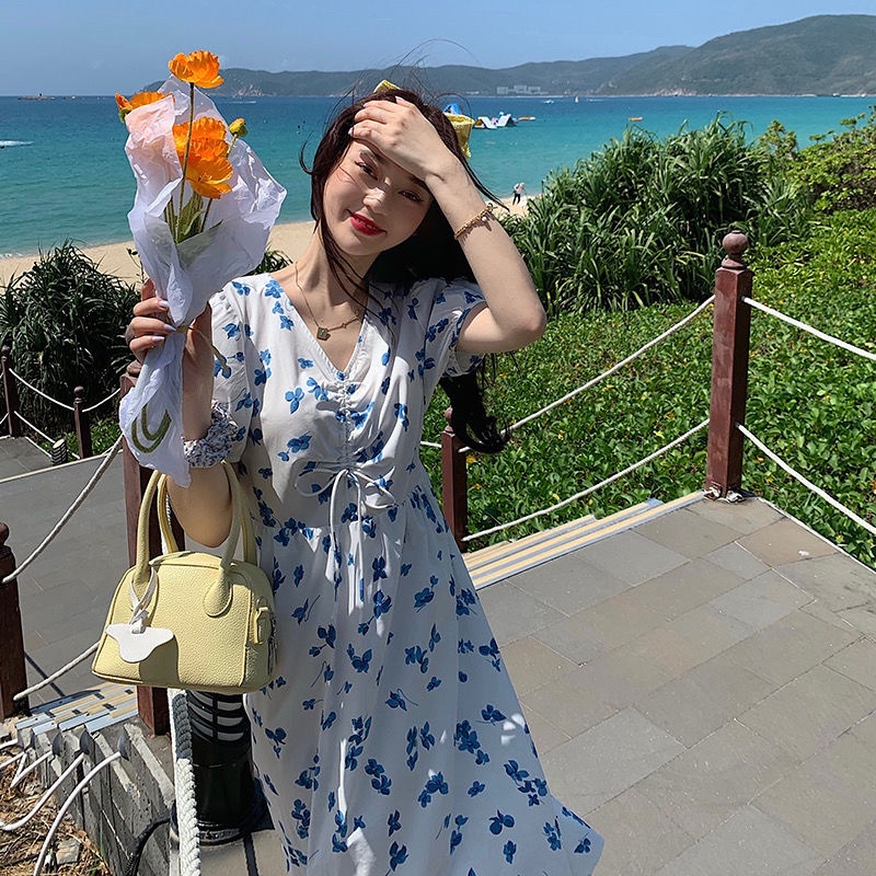 Đầm Hoa Tay Ngắn Cổ Chữ V Thời Trang Hàn Quốc Cho Nữ