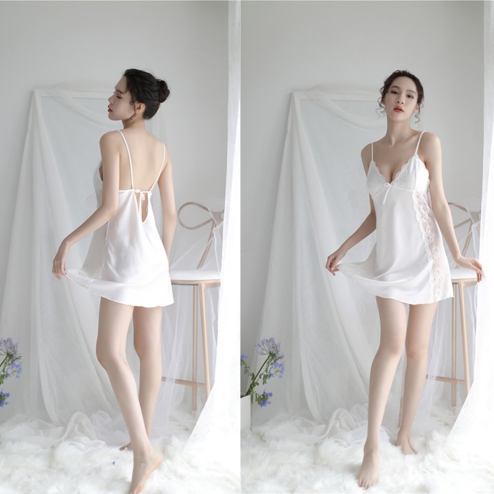 Váy ngủ lụa hai dây phối ren hông gợi cảm màu trắng kèm hình thật shop chụp