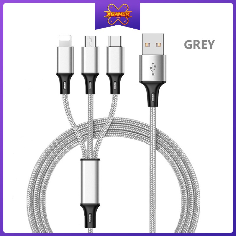 [Ready Stock] XGamer Three In One Data Cable Weaving 1.2M USB Super Fast Charge For Apple IPhone Type C Android