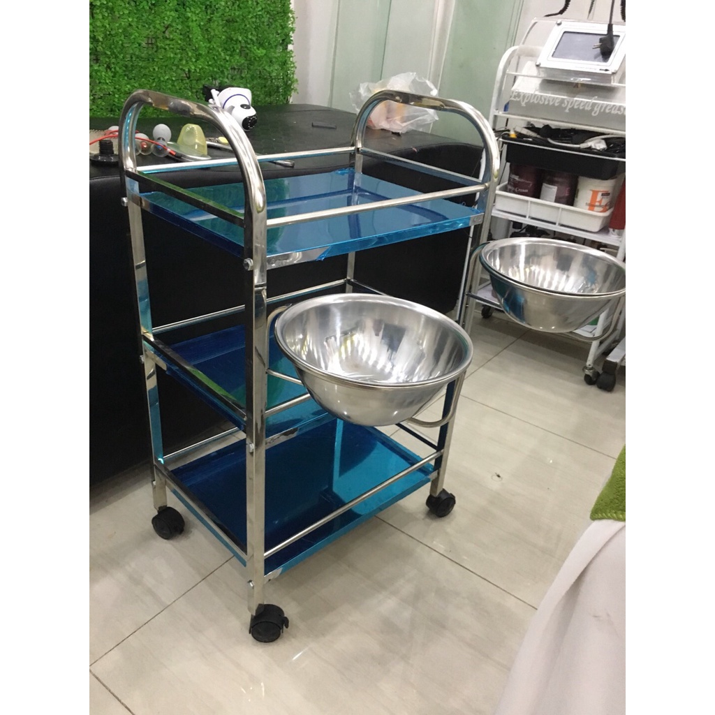 Xe Đẩy Spa 3 Tầng Có Bát Inox 22cm: Xe Đựng Mỹ Phẩm, Xe Đẩy Bát Nước, Xe Đựng Máy Móc Spa - Thẩm Mỹ Huyền Trang NANOCEE