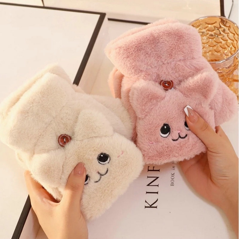Đôi găng tay hở ngón bằng vải polyester mềm dày dặn hình mèo dễ thương giúp giữ ấm vào mùa đông cho nam nữ