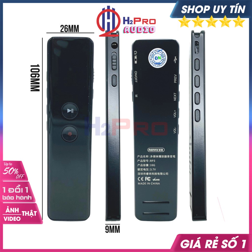 Máy Ghi Âm Mini Remax Rp3, Máy Ghi Âm Chuyên Nghiệp, Thu Phát Âm Thanh Rõ Nét Chống Ồn, Bộ Nhớ 16G, Pin Sạc-H2Pro Tech