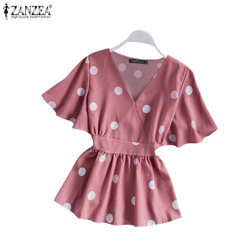 Áo kiểu ZANZEA cổ chữ V tay ngắn họa tiết chấm bi retro thời trang cho nữ