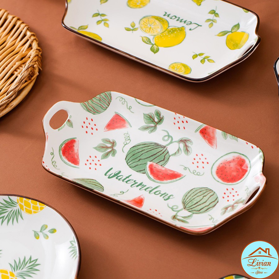 Đĩa sứ chữ nhật, đĩa trang trí bàn ăn có tay cầm 30cm họa tiết hoa quả dễ thương