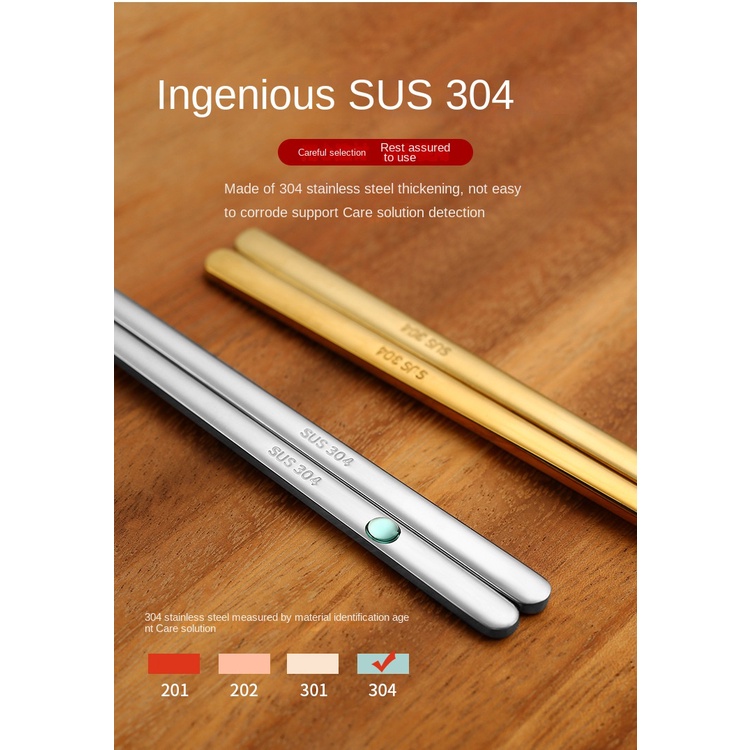 Đũa Bằng Thép Không Gỉ 304 Dày Dặn Chống Trượt Màu Vàng Đồng Phong Cách Hàn Quốc