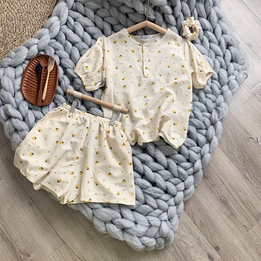 Set đồ bộ ngủ nữ mặc nhà họa tiết cute nhiều mẫu vải xốp kèm chun buộc tóc