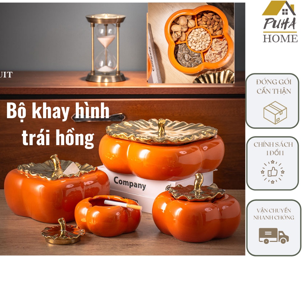 Bộ khay mứt, gạt tàn, hộp giấy sứ hình quả hồng độc lạ