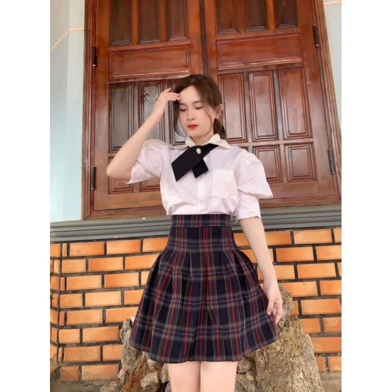 Set Sơ Sơ Mi Tay Bồng + Chân Váy Kẻ Xòe Ulzzang