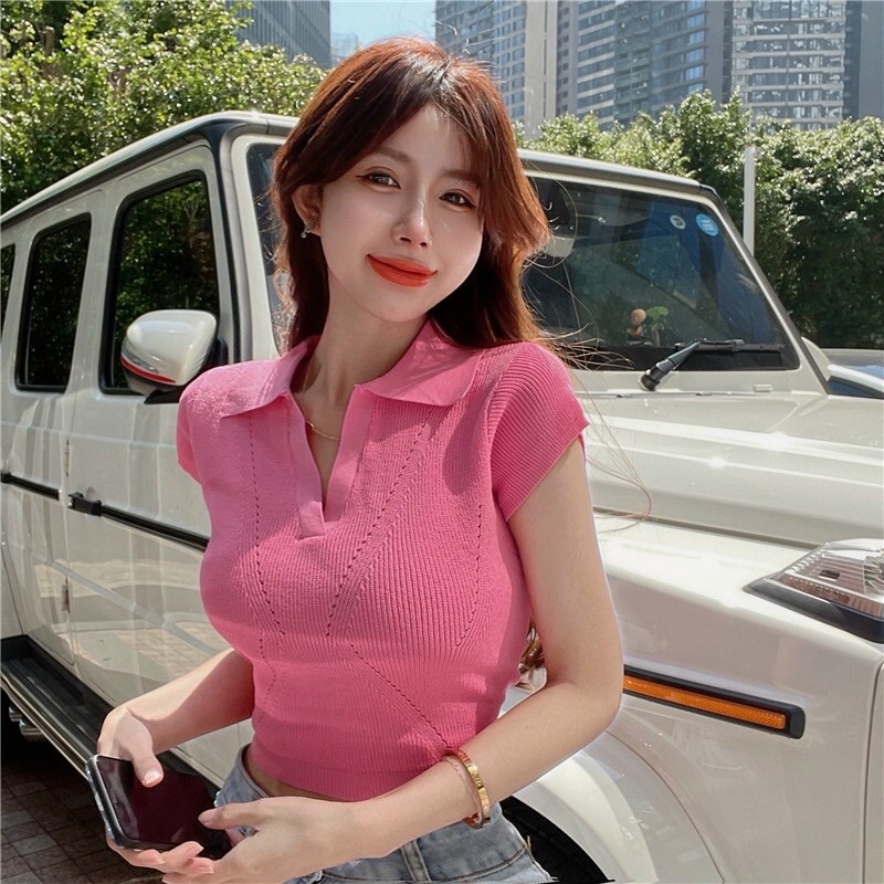 Áo cộc tay nữ cổ bẻ xẻ V dáng ngắn croptop 6 màu chất len dệt kim