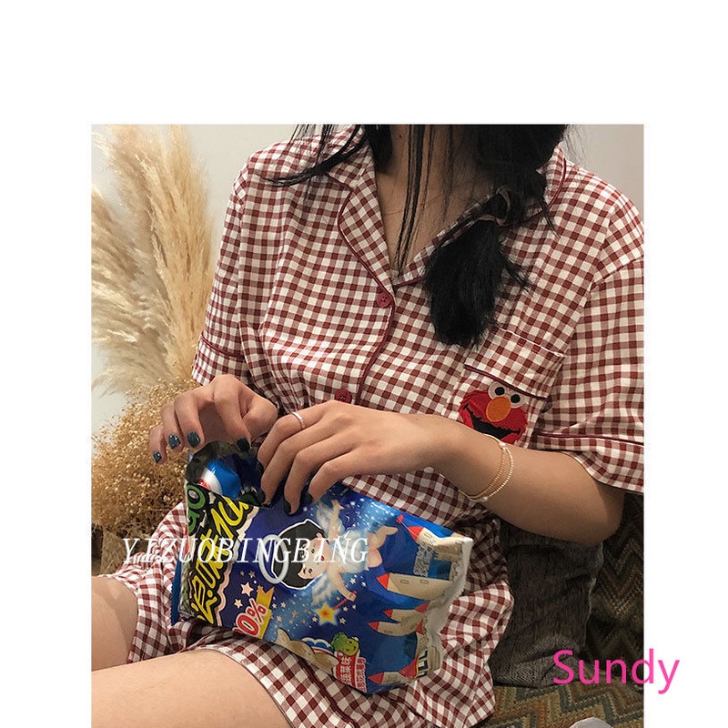 Bộ đồ ngủ tay ngắn dáng rộng họa tiết hoạt hình sesame street thời trang mùa hè cho nữ (có bán lẻ)