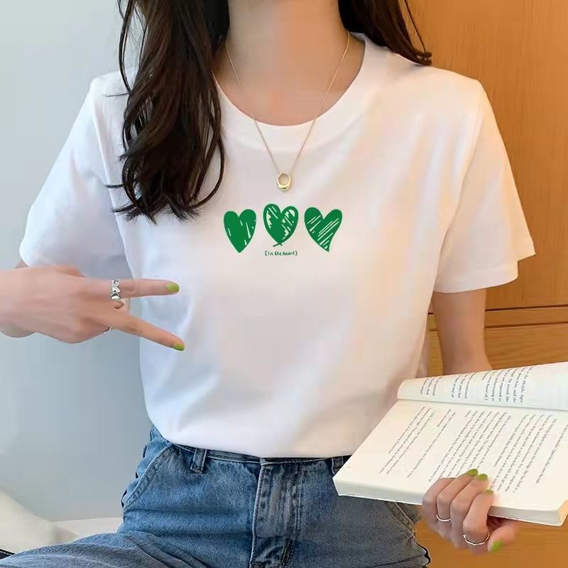 Áo Thun Cotton Trắng Tay Ngắn Dáng Rộng In Hình Trái Tim Thời Trang Cho Nữ