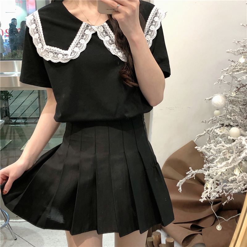 Áo thun SUXI ngắn tay cổ búp bê phối ren xinh xắn thời trang cho nữ