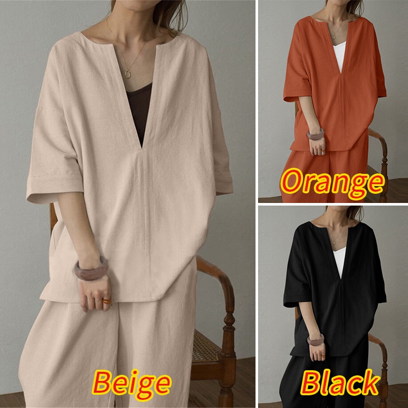 Bộ đồ ZANZEA cổ chữ V tay lỡ phối túi với quần lưng thun đơn giản thời trang dành cho nữ