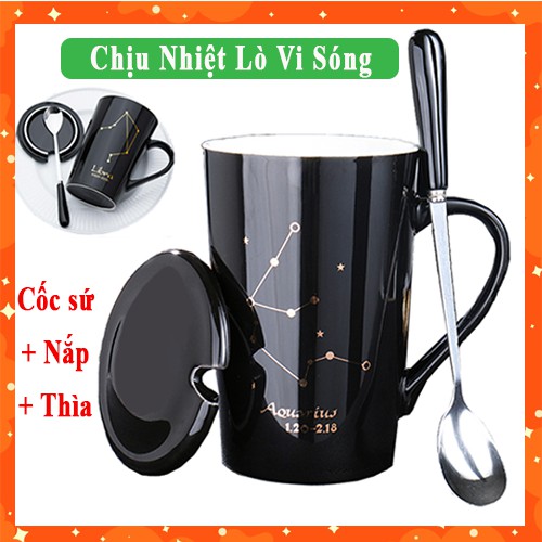 Ly Cốc Sứ 12 Cung Hoàng Đạo Cao Cấp Kèm Nắp + Thìa Chất Liệu Gốm Sứ Ceramic - home center leebland