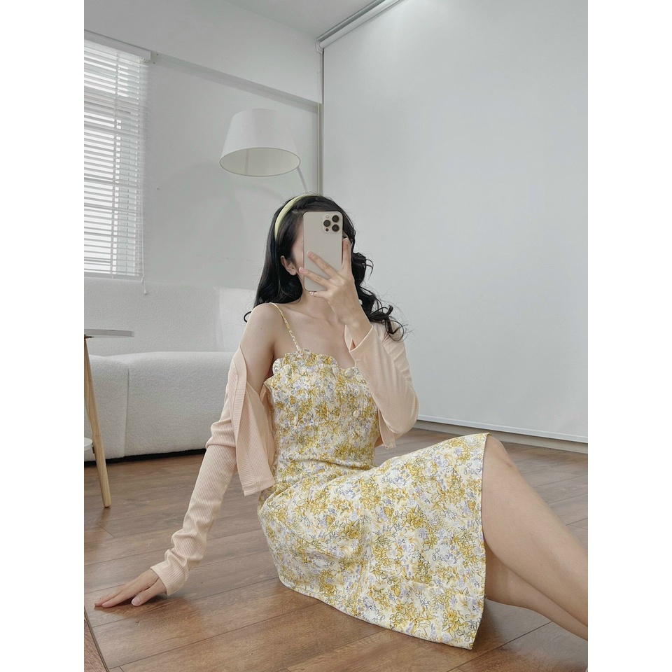Set Đầm 2S 💖DEMISS💖 Set Đầm 2D Hoa Viền Bèo Kèm Khoác Crop Dễ Thương - SET-HOA-VÀNG-46