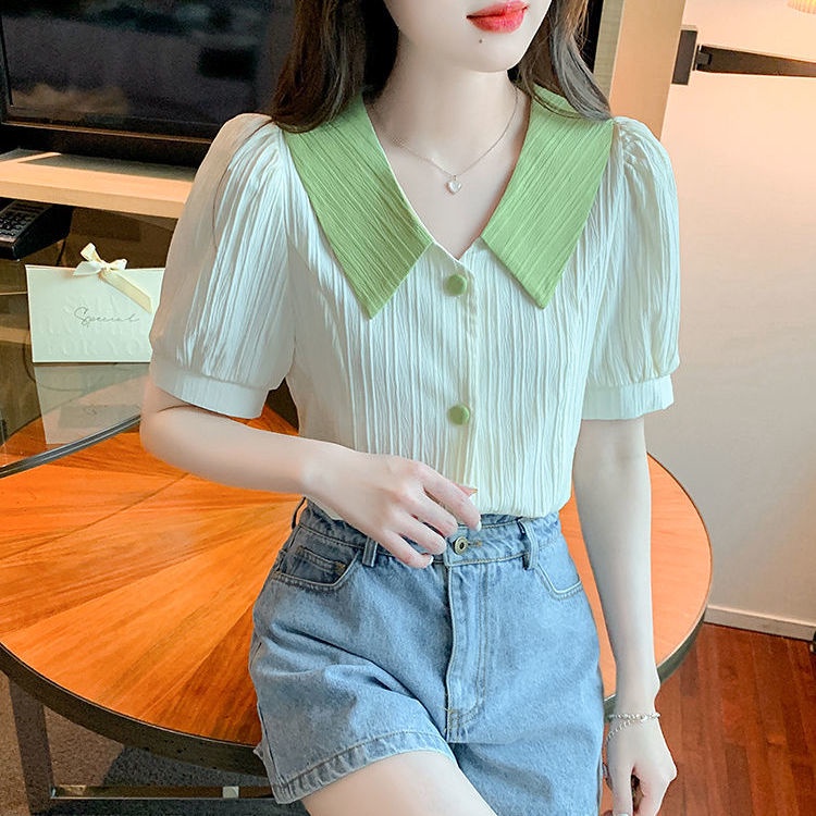 Áo Sơ Mi Tay Ngắn Phồng Cổ Bẻ Thời Trang Mùa Hè Phong Cách Mới Cho Nữ