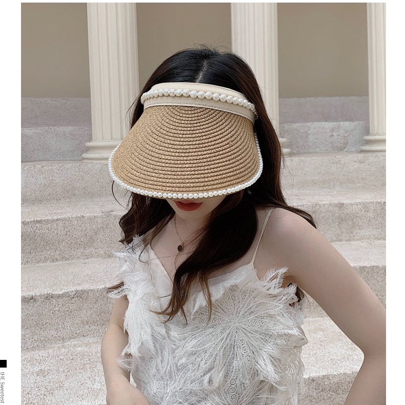 Mũ Cói Chống Nắng Hở Chóp Đính Ngọc Trai Thời Trang Mùa Hè Phong Cách Hàn Quốc Cho Nữ