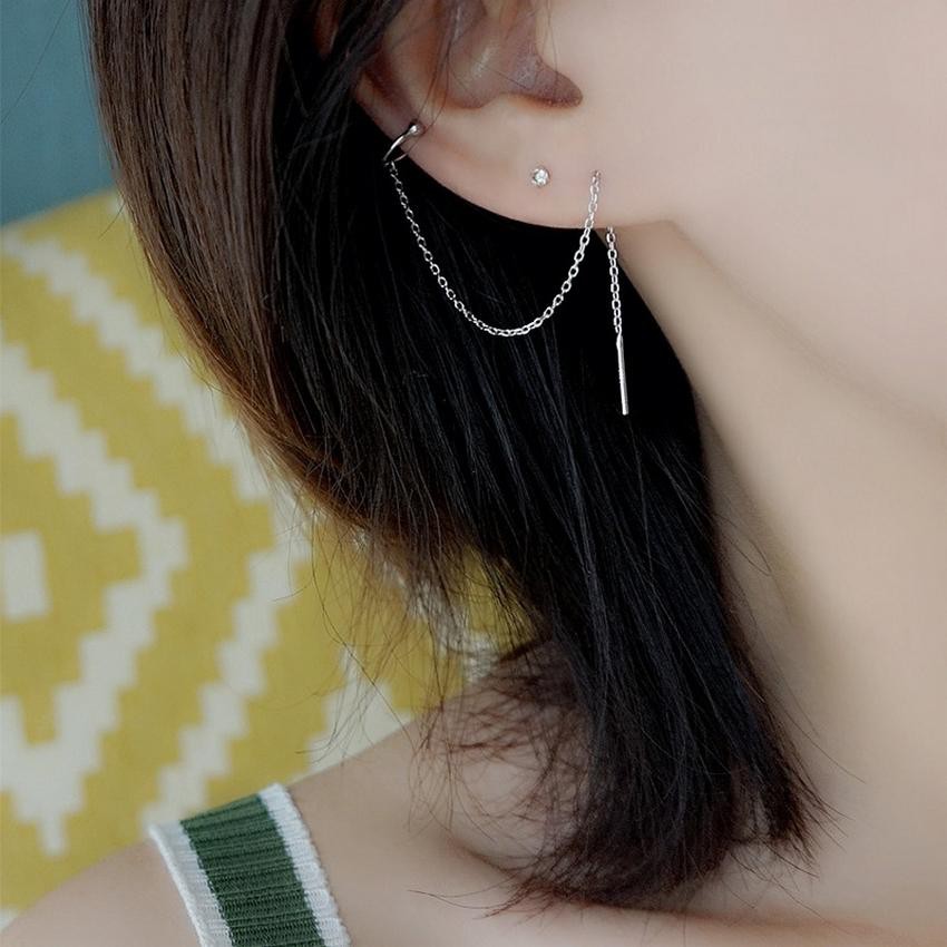 Khuyên tai kẹp tai bạc liền thả phong cách Hàn Quốc thời trang cá tính.