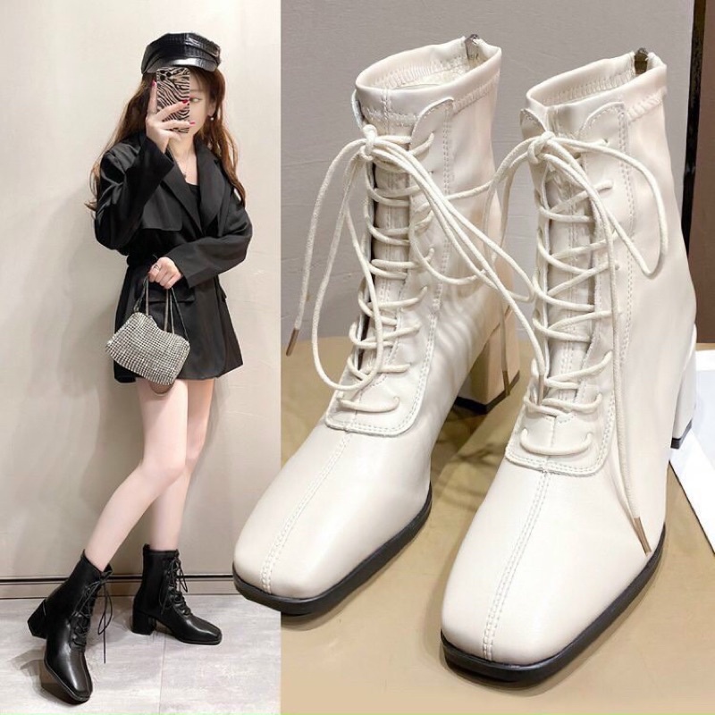 Giày Bốt Đế Vuông Buộc Dây 2 Dáng Thời Trang Đế Vuông
