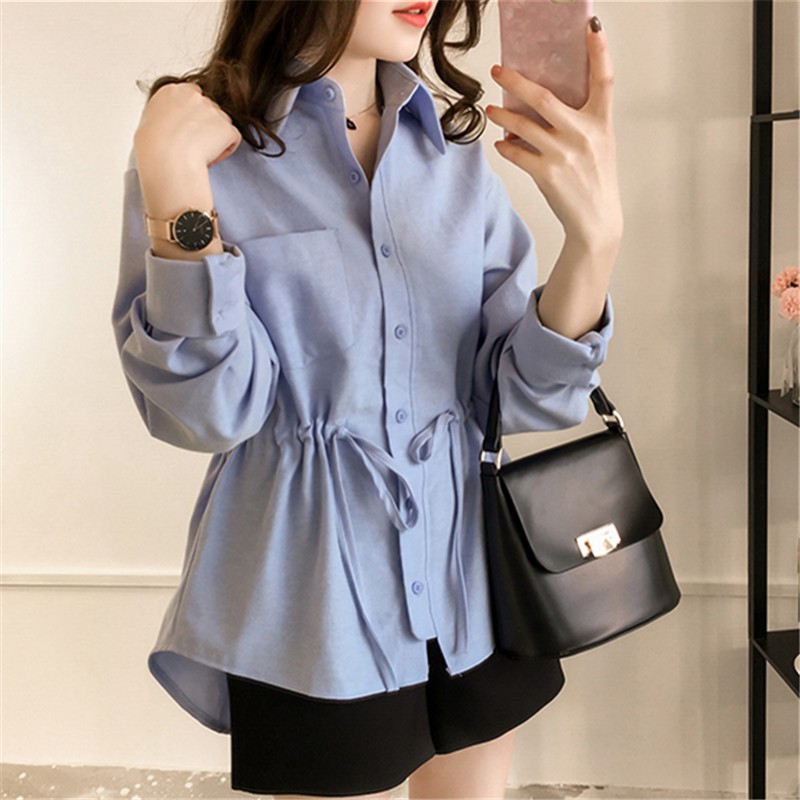 Áo sơ mi tay dài màu trơn phong cách Hàn Quốc xinh xắn dành cho nữ