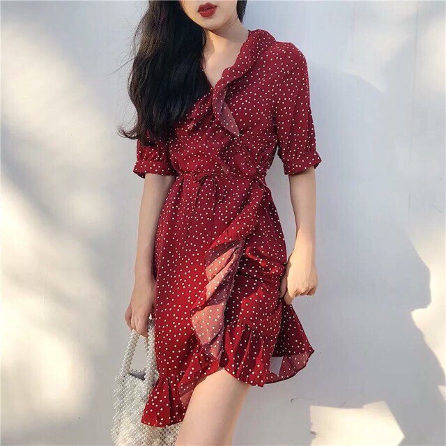 DX626 - Đầm Xòe Chấm Bi Đỏ Phối Bèo