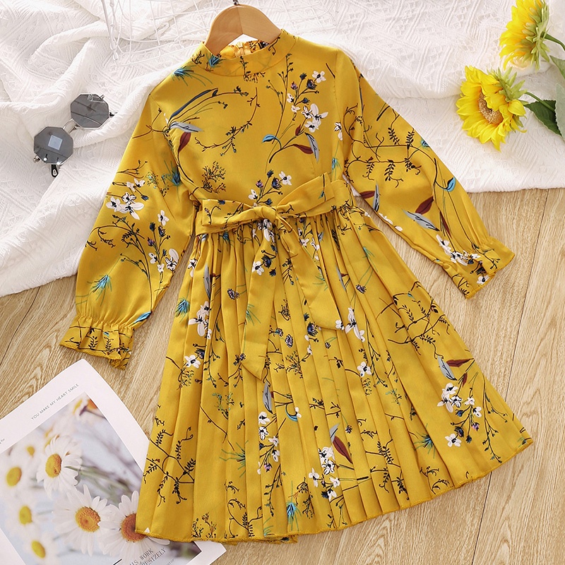 Đầm chiffon SIYYIS tay phồng họa tiết hoa phối thắt lưng thời trang xinh xắn cho bé gái 3-8 tuổi