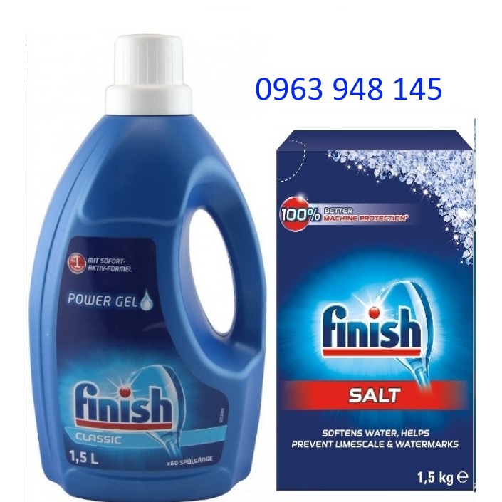 Combo Nước rửa chén bát Finish Gel 1.5L+  Muối rửa bát Finish 1.5kg Dùng cho Máy rửa bát chén ly