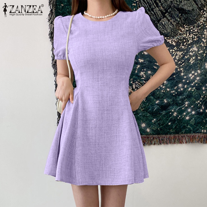 Đầm ZANZEA tay ngắn khóa kéo thời trang phong cách hàn quốc cho nữ