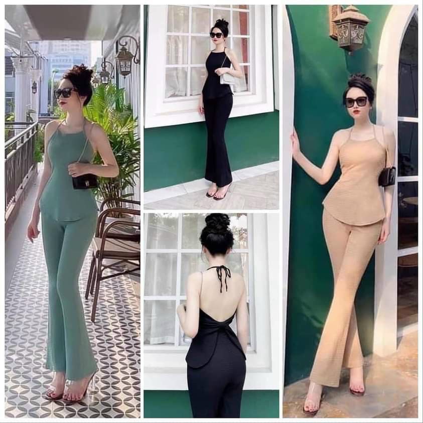 Set bộ quần dài ống rộng suông áo kiểu yếm hở lưng sexy có đệm mút ngực LY70