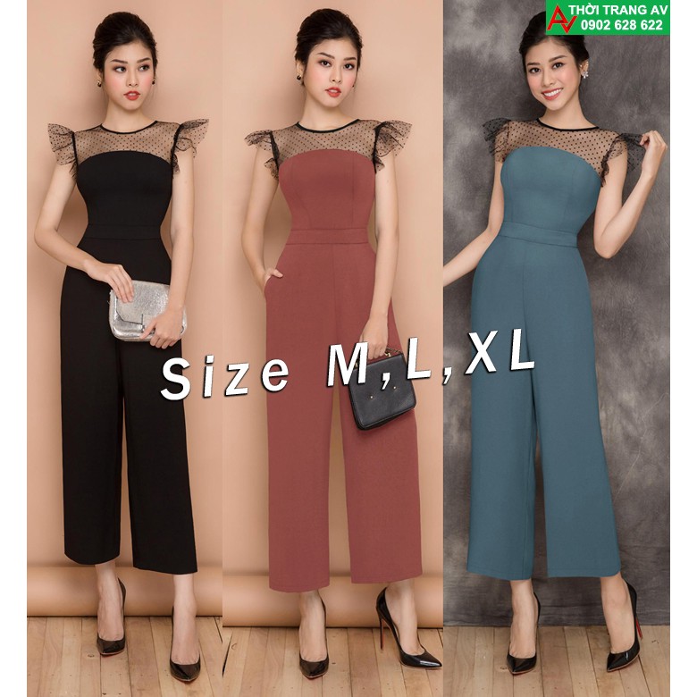 Jumpsuit - Đồ bay dài ống suông phối lưới chấm bi cực hot - AV5993