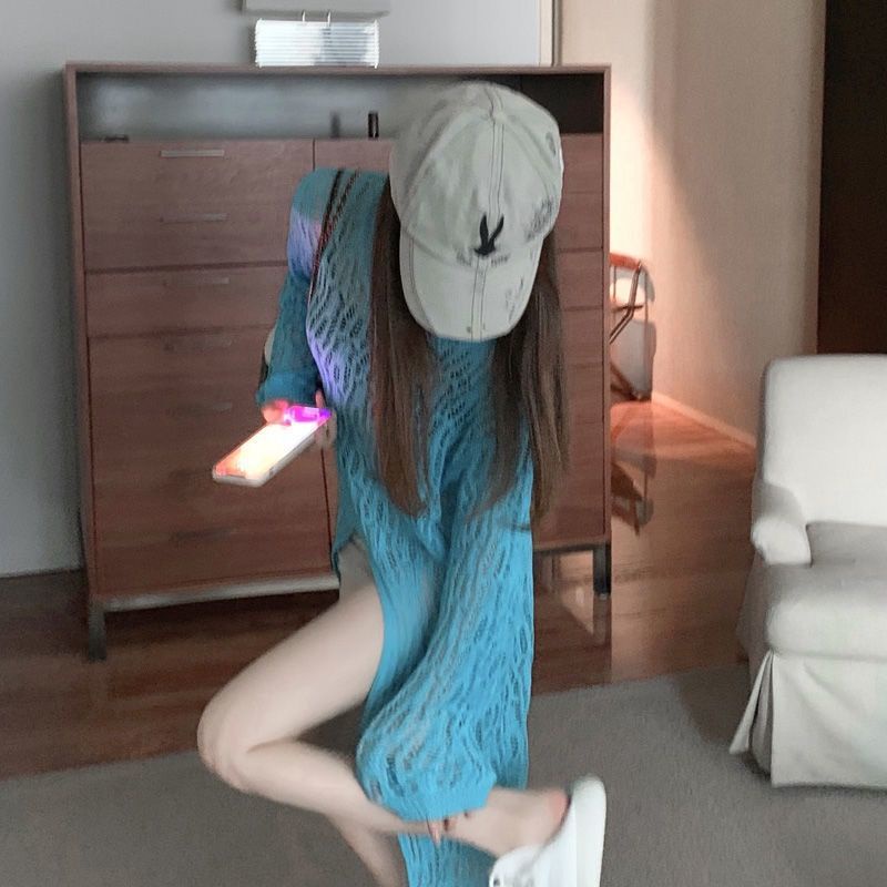 Áo sweater Dệt Kim Mỏng Màu Trơn Dáng Dài Chống Nắng Thiết Kế Khoét Lỗ Thời Trang Cho Nữ