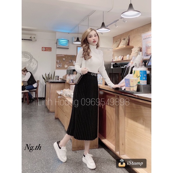 Chân váy xếp ly đai da, Chân váy xòe dáng dài CV1120 - NhiNhi Shop