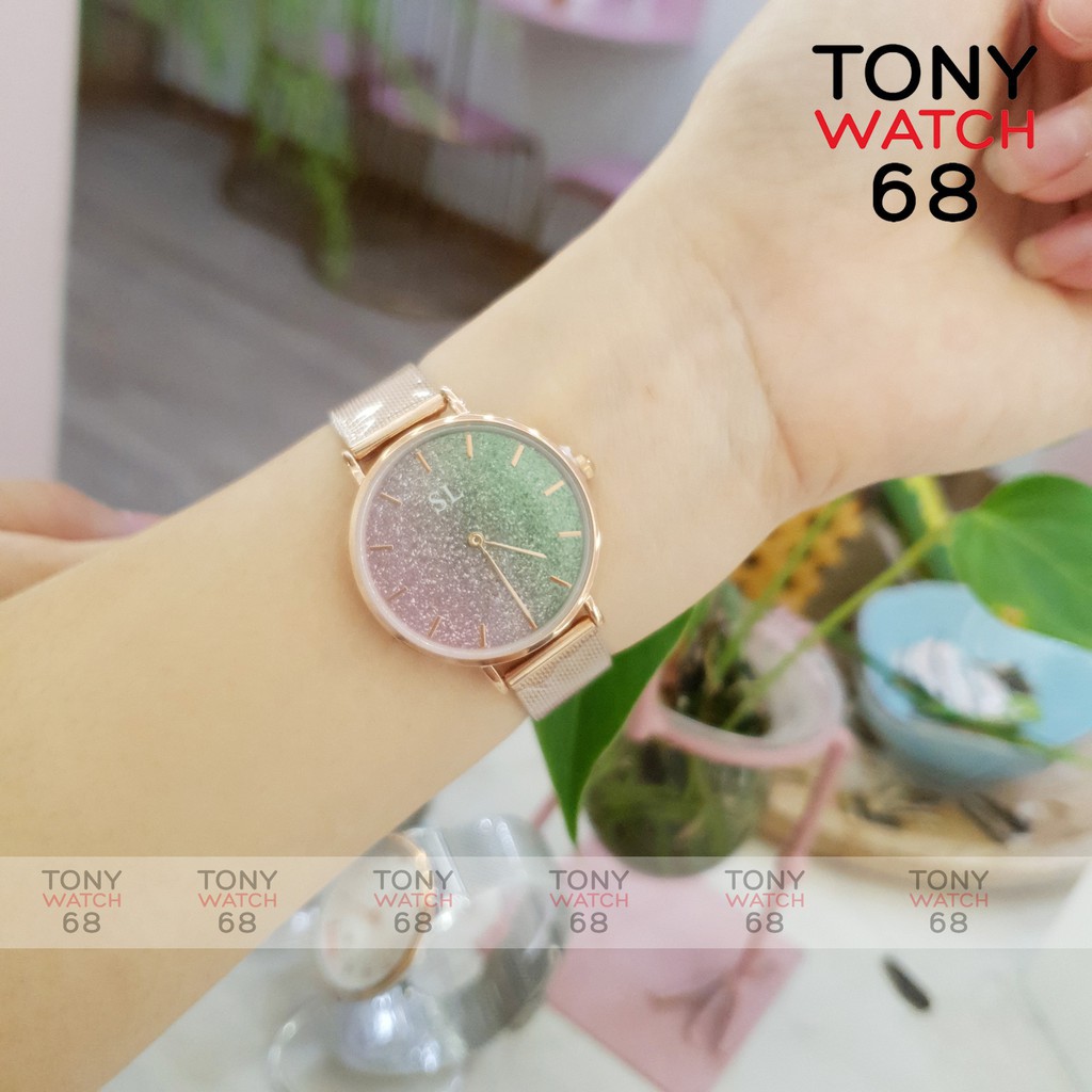 Đồng hồ nữ SL dây kim loại vàng hồng mặt nhũ 2 màu độc đáo chống nước chính hãng Tony Watch 68