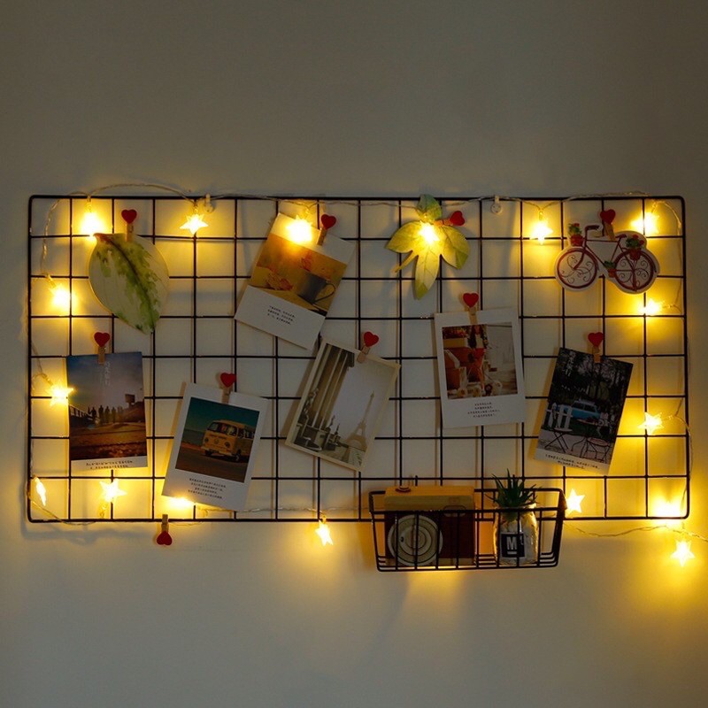 Lưới sắt trang trí + kẹp gỗ, đèn led